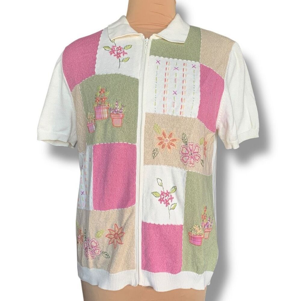 Vintage 90s Embroidered Cardigan Oatmeal Patchwork Light Pink Floral Knit Zipper